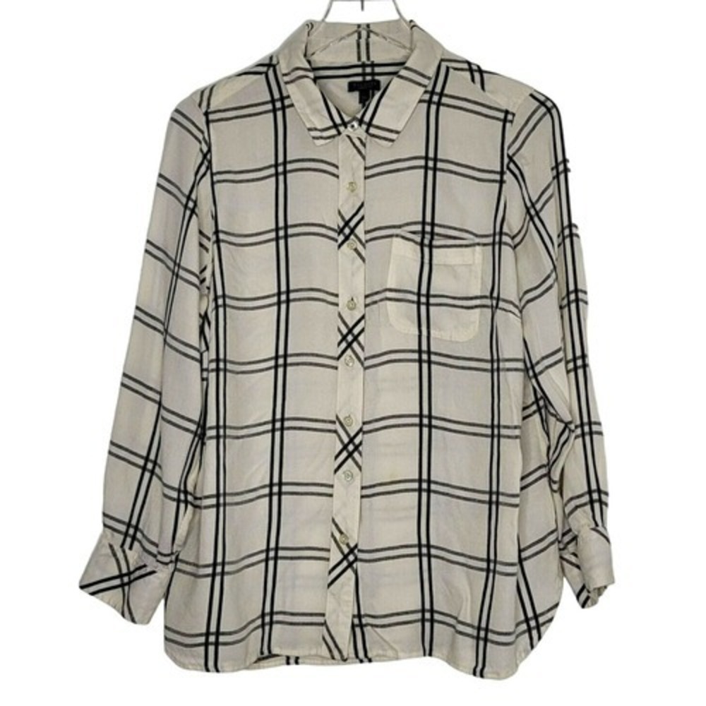 Talbots Button Up Windowpane Shirt 1X Petite Ivory Black Long Sleeve Classic